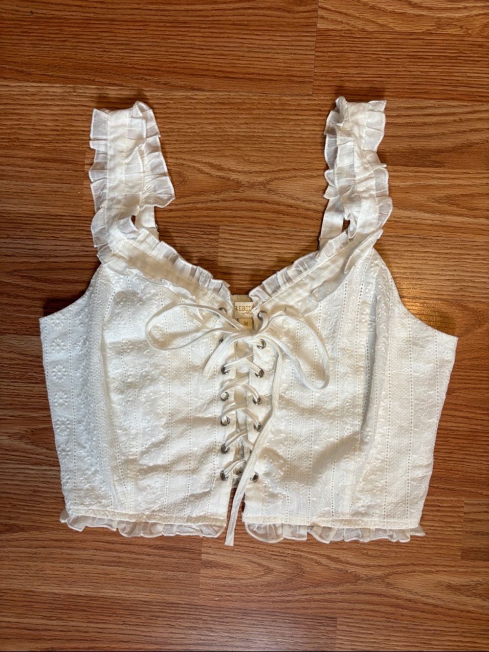 Rebellion White Ruffled Eyelet Lace-Up Crop Top